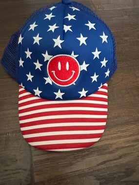 Patriotic Stars & Stripes Trucker Hat with Smiley Patch